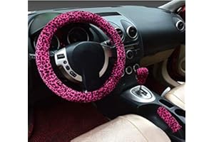 MAYCO BELL Caches de Volant 3 en 1 en Peluche Douce Motif léopard poignée de Frein à Main Levier de Vitesse Courte et Chaude pour Femme Hiver (Rouge,Standard)