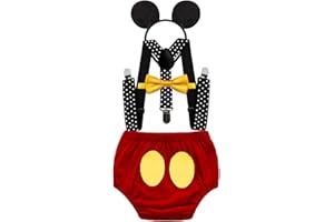 MYRISAM Déguisement de Mickey pour 1er Anniversaire Bébé Cake Smash Photo Prop pour Fête Prénatale Bloomers Noeud Papillon Bretelles Serre-tête Bandeau Carnaval Halloween Costume