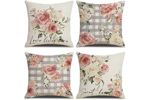 KSSKEN Fundas Cojines 45x45cm, Juego de 4 Fundas de Cojines Algodón Lino Decorativa Hogar Almohadas Fundas para Sala Sofá Cama Decoración - Rosas