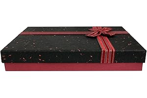 Emartbuy - Scatola regalo rigida, 30,5 x 23 x 5 cm, scatola bordeaux ruvida con coperchio nero, interno marrone e nastro decorativo a righe