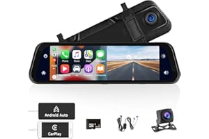 OILIEHU 9,66 '' Dashcam Voiture Rétroviseur avec Carplay Android Auto sans Fil, Écran Tactile avec Assistant Vocal/FM/Vidéo en Boucle/Bluetooth/1080P Frontale & Arrière Double Caméra/Vision Nocturne/Carte SD