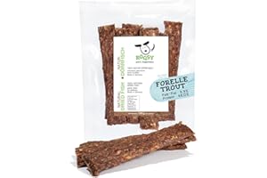 ROQSY Natur-Dörrfisch 100% Forelle Trockenfisch für Hunde, Proteinreich & fettarm, Barf-Ergänzung, getreidefrei, Jerky, Hundesnack, Kaustreifen, Leckerli, Kaufisch für Allergiker - 100g