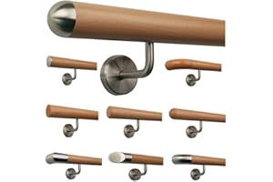 TIBU Pasamanos de haya, mango de madera para escalera, soporte de acero inoxidable, longitud 30 – 500 cm, variante: 120 cm con 2 soportes de tapa semicircular