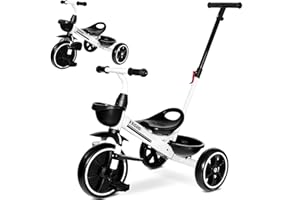 KRIDDO 2-in-1 Kinder Dreirad für 18 Monate bis 5 Jahre - mit verlängerter Schubstange für müheloses Schieben, Kinder 3-5 Jahre, Dreirad mit klappbarer Fußstütze vorne, Weiß