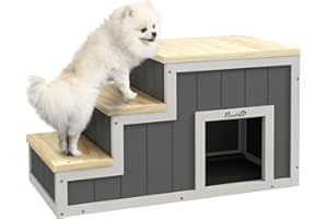 PawHut Escalier 2 en 1 pour chiens, Escalier pour chats avec grotte, Escalier pour animaux domestiques avec 3 marches, Rampe pour animaux domestiques en bois, Escalier pour chats jusqu'à 30 kg, pour