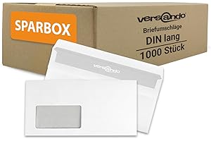 ‎VERSANDO versando 1.000x Briefumschläge mit Fenster DIN lang 220x110mm weiß: selbstklebende Kuverts für Rechnungen, Geschäftsbriefe, Büro, einfach verschließbar mit Sichtschutz
