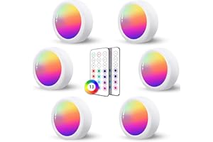 HIDURE Spot RGB Led Sans Fil a Pile Autocollant, 6 Pièces Dimmable Lampe Placard avec Telecommande Eclairage Etagere Couleur Petite Lumiere Vitrine Cuisine Sous Meuble Applique Murale