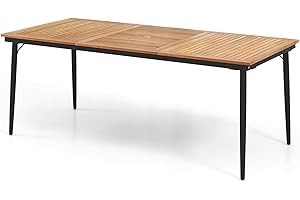 TANGZON Solid Acacia Wood Garden Table for 4/8 Person, Slatted Outdoor Dining Table with Parasol Hole, Metal Frame Desk Furniture for Patio Terrace Backyard Bistro (Slanted Legs, 200x90x75cm)
