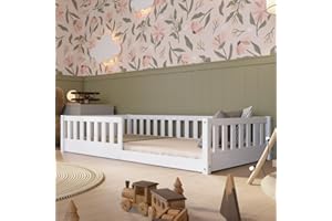 Crazy Pine Letto per Bambini 190x90 cm – Letto Montessori a Pavimento in Legno Massiccio Bianco con Barriera – Sicuro per Bambini Piccoli – Design Scandinavo - Crazy Basic