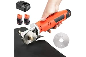 MXBAOHENG Electric Fabric Scissors 12V Cordless Round Cutter Maximum Cutting Thickness 25mm for Cutting Fabric/Carpet/Leather/Rubber/Paperboard (2 Batteries & 2 * 70mm Blade)