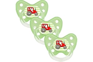 dentistar Silicone Dummy Set of 3 - Size 3, from 14 Months - Teeth & Orthodontic Friendly Dummy with Dental Level - BPA-Free - Made in Germany - Tractor, Green
