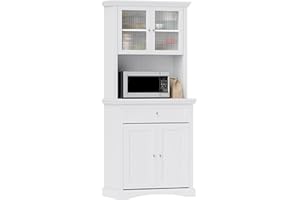 HOMCOM 4-Door Kitchen Cupboard with Drawer, Freestanding Kitchen Cabinet with Glass Doors, Adjustable Shelves and Open Counter, White