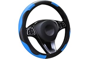 LMYDIDO Funda de cuero para volante de coche, antideslizante, fibra de carbono, banda elástica deportiva sin anillo interior, tamaño universal, 37 – 39 cm (Azul)