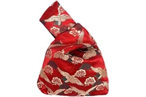 FANCYPUMPKIN Vintage Japanese Yukata Kimono Crane Handbag Wristlet Bag Small Coin Bag Tote Handle Bag Knot Pouch for Women