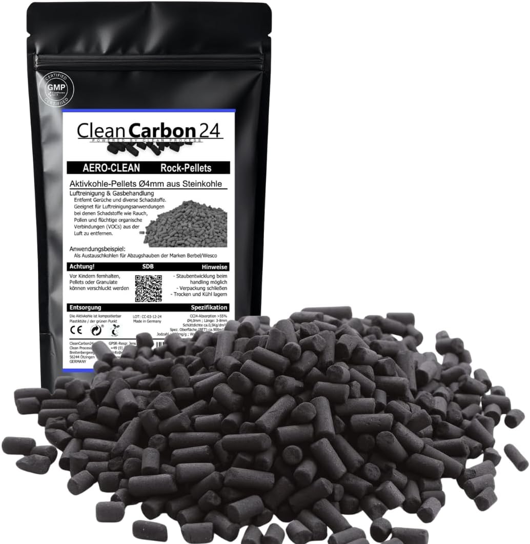 CleanCarbon24® 1 litre pellets de carbón activado de 4 mm; Repuesto técnico para filtros de aire y humo; Adsorción física sin químicos; Ideal para mejorar la calidad del aire interior; desempolvado