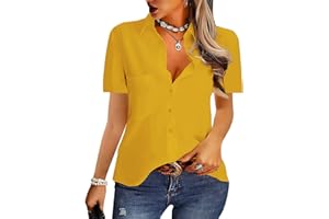 NONSAR - Chemisier élégant pour Femme - Col en V - Manche Courte - Décontracté - avec Boutons - Chemise Ample à Manches Courte pour Le Travail - Couleur Unie