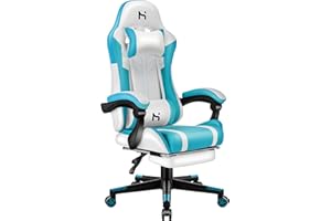 HLFURNIEU Chaise Gaming, Fauteuil Gamer Hauteur Réglable, Chaise de Gaming avec Repose-Pied Télescopique, Gaming Chair Ergonomique avec Appui-tête et Support Lombaire, Siege Gaming Blanc et Bleu