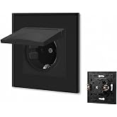 BSEED Wall Plug with Waterproof Cover,1 Gang Schuko Socket with Clamp,Recessed Plug with Glass Plate,16A Recessed Socket,Blac