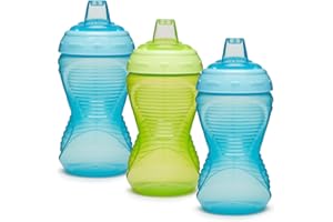 Munchkin Mighty Grip Cups | Trainer Toddler & Baby Bottle | BPA Free | Non Spill |Leakproof | Baby Weaning Cup from 9+ Months | Toddler Bottle 10oz/296ml| 3 Pack | Blue & Green