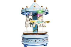 WEofferwhatYOUwant Carousel Music Box Blue – Rotating Horse Merry Go Round with LED Lights | Plays Beethoven’s Für Elise | Wind-Up Mechanical Toy | Cake Topper, Nursery Decor & Gift for Kids & Adults