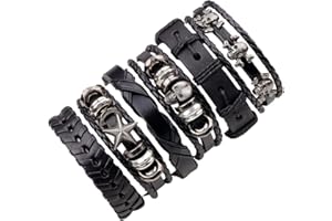 Thajaling Large Bracelet en Cuir Tressé 6PCS - Crâne Vintage Unique, Fait à la Main pour Motards et Musiciens de Rock