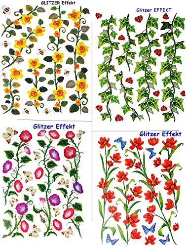 Set _ GLITZER Fensterbilder - " Blumenranken & Tiere " - statisch haftend - selbstklebend + wiederverwendbar / Fensterbild - z.B. für Fenster und Spiegel - Fensterdeko Fensterfolie Kinderzimmer Deko - Blume Blüten Frühling / Fensterdekoration - Sticker Fenstersticker Aufkleber