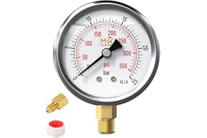 MK MEASURING – Glyzerin-Manometer 0–25 bar, Anschluss 1/4 NPT, Edelstahlgehäuse mit Teflon und Adapter 1/4 NPT auf 1/4 BSP, Kompressionstester, Luft-, Reifen-, Wasser-, Gas- und Benzindruck