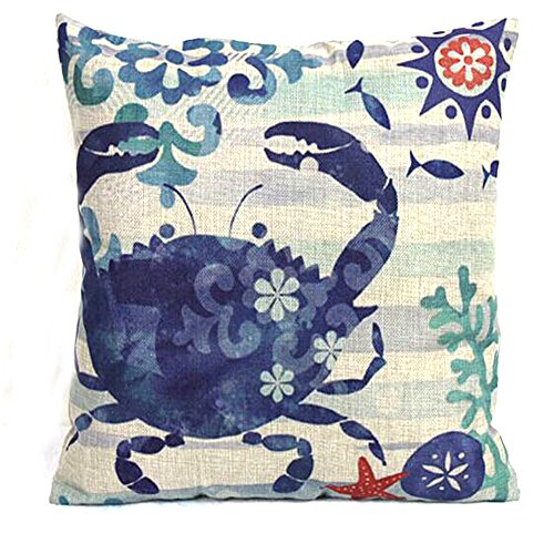 Vanki ocean serial Cotton Linen Square Decorative Throw Pillow Case Cushion Cover 18X 18 inches ,vintage retro blue crab Printing pattern