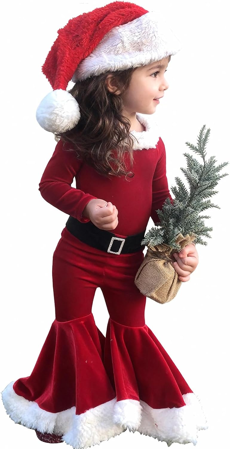 TAGVO Bebe Niña Disfraz de Elfo Conjunto Navidad Cosplay Mi Primera Navidad Conjunto 3 PC Set de Navidad con Ropa Pantalones Diadema Sombrero, Regalos para Niñas 1-9 Años