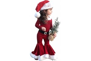 TAGVO Filles Père Noël Ensembles Manches Longues Tops et Pantalons et Chapeau 3 Pièces Velours Outfit Set 1-9 Ans
