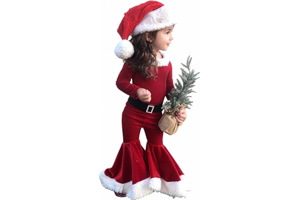 TAGVO Bebe Niña Disfraz de Elfo Conjunto Navidad Cosplay Mi Primera Navidad Conjunto 3 PC Set de Navidad con Ropa Pantalones Diadema Sombrero, Regalos para Niñas 1-9 Años
