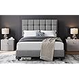 Yaheetech Double Upholstered Bed Frame with Adjustable Square Tufted Headboard/Linen Fabric/Sturdy Wooden Slat Support/No Box Spring Needed, 4ft6 Light Grey