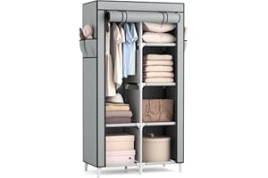 Vicye Armadio Migliorare l'utilizzo dello spazio, Guardaroba in Tessuto, Armadio Pieghevole per Camera da Letto, 1 Barra Appendiabiti, 6 Ripiani e 4 Tasche Laterali, 84 x 42 x 162 cm, grigio