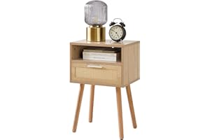 IBUYKE WNS009N rattanowy stolik nocny, stolik pomocniczy w stylu boho, otwarty regał, drewniany akcent, stolik nocny z nogami, do sypialni, salonu i małych pomieszczeń, naturalny