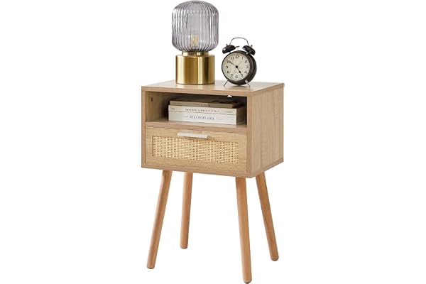 IBUYKE Rattan nattduksbord, soffbord med lådor, naturlig WNS009N | Öppet fack, träben, 39 x 29 x 60 cm, nattbord för sovrum, vardagsrum