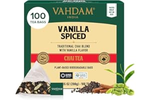 ‎VAHDAM VAHDAM Vanille-Gewürz Chai Tee Beutel | 100 Pyramidenteebeutel | Mischung aus Schwarzem Tee mit Vanille, Zimt, Kardamom, Nelken & Ingwer | Kräftiger Masala Chai Geschmack | Vakuumversiegelt