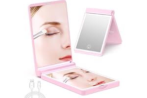 wobsion LED Specchio Portatile Con Ricarica USB,Specchio Da Viaggio Con Ingrandimento 1X/3X,Specchietto Da Borsetta Pieghevole A 300°,Interruttore Magnetico,Regalo Per Lei(Rosa)