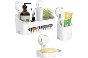 Uten Étagère Douche, 3Pcs Panier de Douche Ventouse et Porte-savon et Porte-brosse à Dents Lot Pas Sans Perçage Étagère de Douche Auto-adhésif Étagère de Organisateur de Rangement