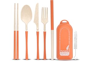 JUMRHFAN Przenośny zestaw sztućców, sztućce do podróży i na kemping, sztućce kuchenne i piknikowe, nóż, widelec, łyżka, pałeczki, naczynia ze słomki z etui i szczotką, do podróży, na kemping i do biura