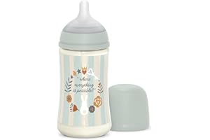 Suavinex, Biberón de 270 ml, con Tetina Fisiológica SX Pro de Silicona, con válvula Anticólico. Biberón con Tetina de Flujo Medio (M). Para Bebés +3 Meses. Wonderland, Verde