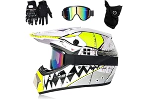 GDAONUDK Casque de Motocross Pour Jeunes, Casque de Moto Pour Enfants, MX, Quad, Enduro, Dirt Bike, Casque de Moto IntéGral Pour Adultes, avec Lunettes, Masque, Gants(White teeth,M(54-55cm))