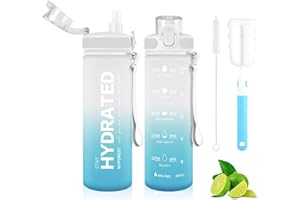 MYFOREST 24oz/700mL Tritan™ Water Bottle, Gulp Lid/Removable Straw/Removable Strap, BPA-free/Leak-proof/Time Marker for Motivational Hydration: Cold, Hot, Carbonated, Cider