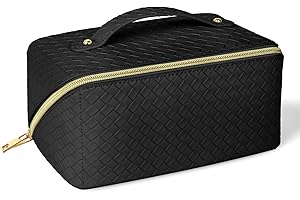 Aucuu Bolsa de cosméticos de Viaje de Gran Capacidad para Mujeres y niñas, Bolsa de Maquillaje de Almacenamiento en Capas Impermeable de Cuero de PU, con asa Organizador de Viaje portátil (Negro)