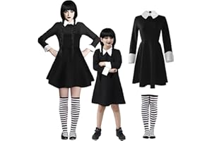 Ansamy Vestido Miércoles Niñas Mujer, Disfraz de Miércoles, Disfraz Colegiala Gótico de Falda Negra, Miércoles Vestido de la Familia Halloween Carnaval Cosplay