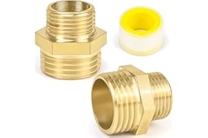 CONJURAIDE 2 Stück Reduzierung 1/2 auf 3/8, Messing Reduzierung Reduziernippel Reduzierstück Rohrverbinder Doppelnippel Adapter 1/2 auf 3/8 zoll Wasser mit 2m Gewindedichtband für Rohranschluss