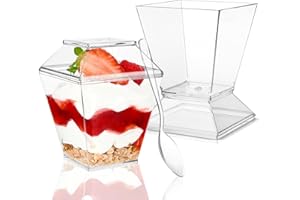 Fhintory Vasitos Plastico para Postres 60ml, 50Pcs Vasitos aperitivos plastico, Mini vasos para postres, Vasos plastico reutilizable con tapas y cucharas, Vasos con tapa para Pudín&Mousse