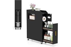 GIANTEX Nischenregal 16 cm breit, schmaler Badezimmerschrank auf Rollen, Beistellschrank mit Schublade, Nischenschrank für Badezimmer & Wäscheraum, platzsparender Rollwagen 50 x 16 x 69 cm (Schwarz)