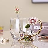 PPEA Enamel Sunflower Crystal Lead-Free Glass Tea Cup with Spoon Set, Present for The Christmas, Valentine's Day.Best Present
