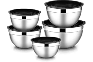 HaWare Set di 5 ciotole per insalata in acciaio inox con coperchio ermetico 45 l 27 l 15 l 07 l ideali per cucinare cuocere e conservare impilabili e lavabili in lavastoviglie colore Nero