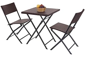 BAKAJI Set Tavolo Tavolino Pieghevole 62 x 62 cm + 2 Sedie Pieghevoli Arredo Esterno Giardino Terrazzo Struttura in Acciaio Inox e Sedute in Polyrattan (Coffee)